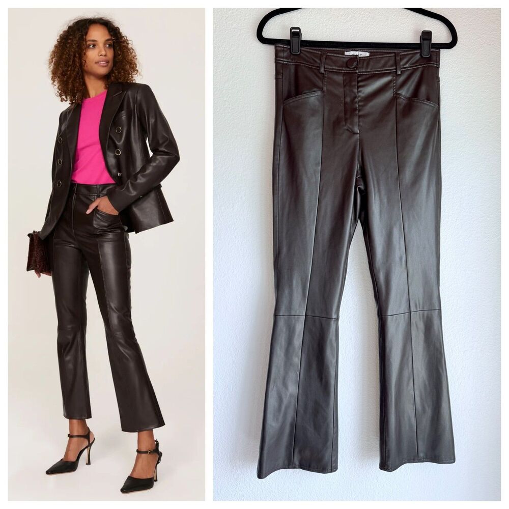 MILLY Hellena Faux Leather Cropped Kick Flare Pants in Chocolate Brown Size 6